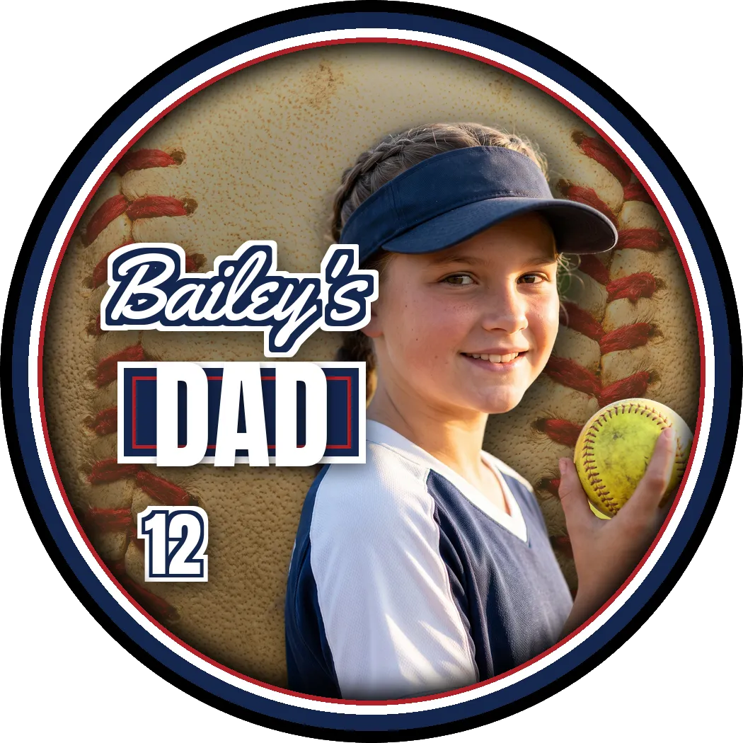 A family button design that reads Bailey's Dad — a demonstration design made with a model photograph