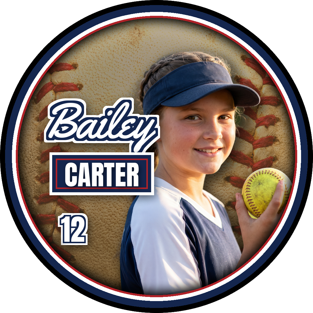 Custom 3-inch softball photo button with player name and number — a demonstration design made with a model photograph